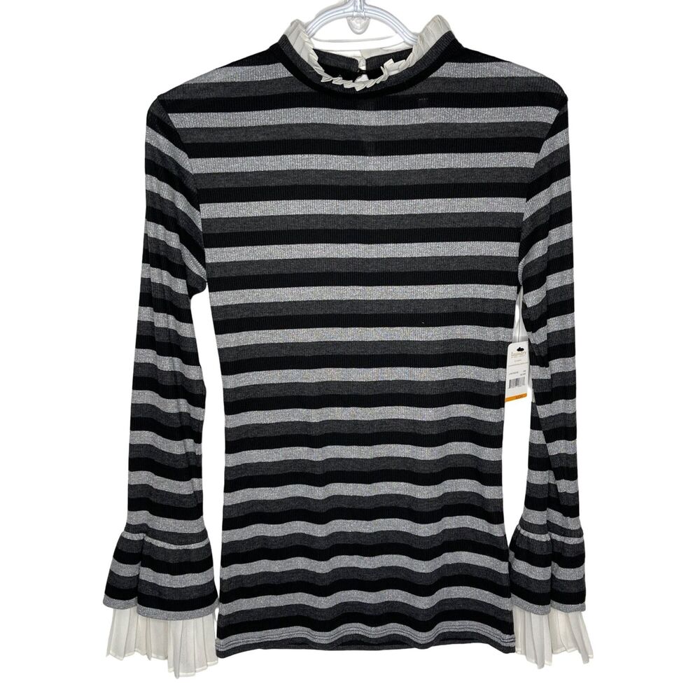 Laundry by Shelli Segal Size Small Ribbed Metallic Stripe Ruffle Neck Sweater
